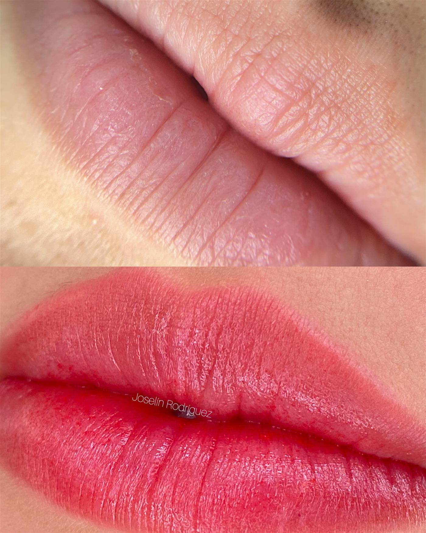 Labios antes y después, tono rosado intenso